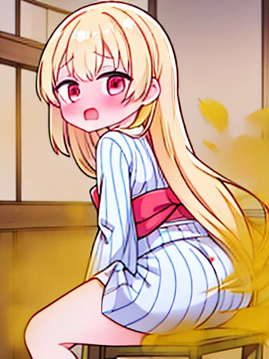 1 girl、Nodoka(Buruaca)、8K、must-have、anime、fart、blush、lots of yellow gas、Yellow gas comes out from the butt、animeチック、Gray yukata、red eyes、long hair、Gentle Pose、blonde、Hip Attack、open your mouth、feel shy、sit on a chair、Japanese style room、panic、the girl has a stomach ache