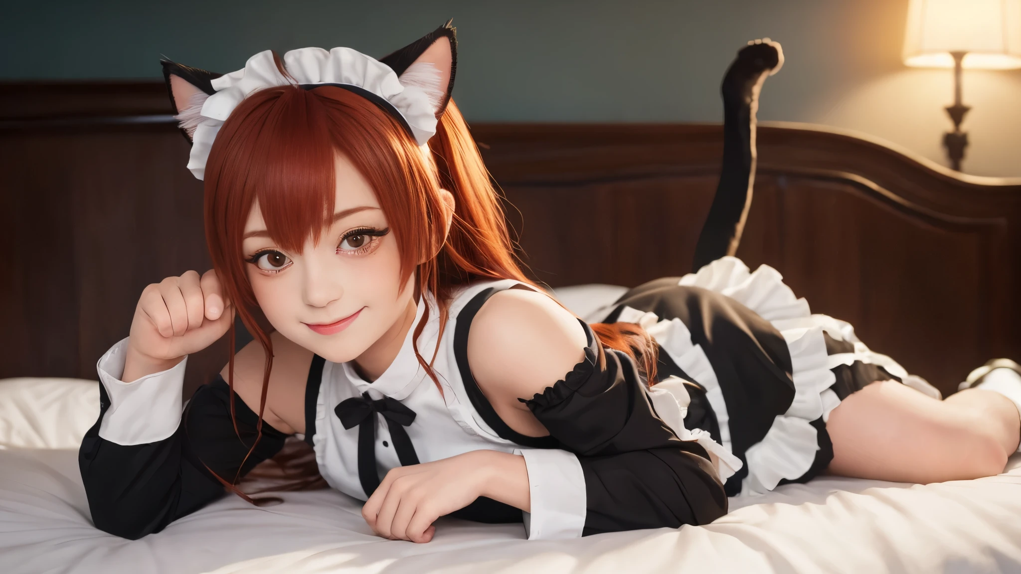 highest quality, 8K, Super detailed, photorealistic, masterpiece, highest quality, 8K, 超High resolution, highest quality, anime style, best writing, beautiful face, Eris Greyrat, (1 girl:1.3), alone, Ahoge, bangs, bare shoulders, open your mouth, Cat ear, (Maid clothes:1.3), (maid costume:1.3), hair between eyes, long hair, long sleeve, looking at the viewer, red eyes, redhead, shoulder cutout, ruffle skirt, alone, High resolution, harm, mushoku tensei, (foot pose:1.3), cat tail, smile, (lie down on the bed:1.3), 