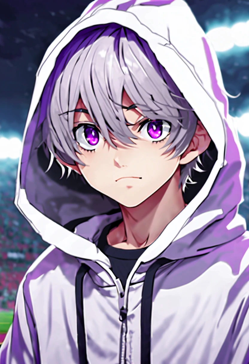 masterpiece,best quality,4k quality,full body character, Delicate face,
a boy,sports student,Handsome boy,cute,,anime characters,purple eyes,smirk,Male focus is prominent,Gray hair is messy,Upper body black Nike hoodie,Wear white three-quarter shorts,standing posture,Big cock,white socks,Football field background face clear