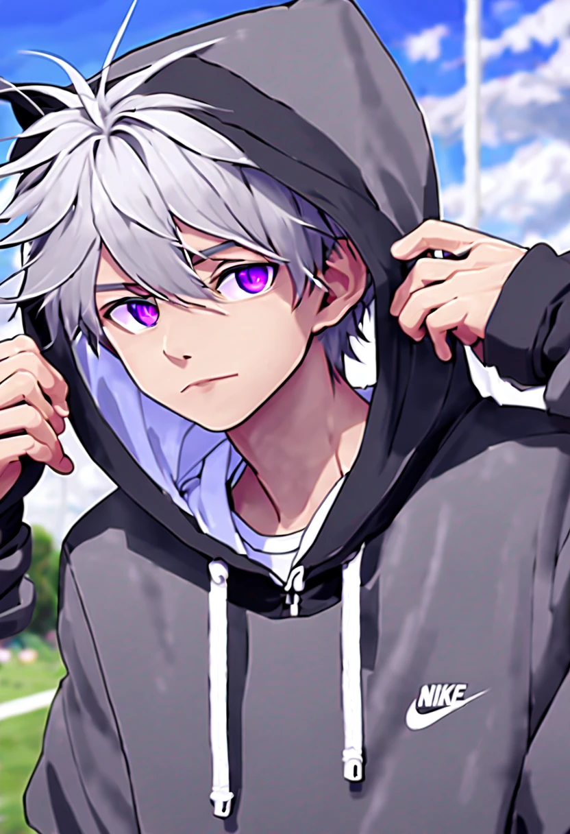 masterpiece,best quality,4k quality,full body character, Delicate face,
a boy,sports student,Handsome boy,cute,14 years old,anime characters,purple eyes,smirk,Male focus is prominent,Gray hair is messy,Upper body black Nike hoodie,Wear white three-quarter shorts,standing posture,Big cock,white socks,Football field background face clear