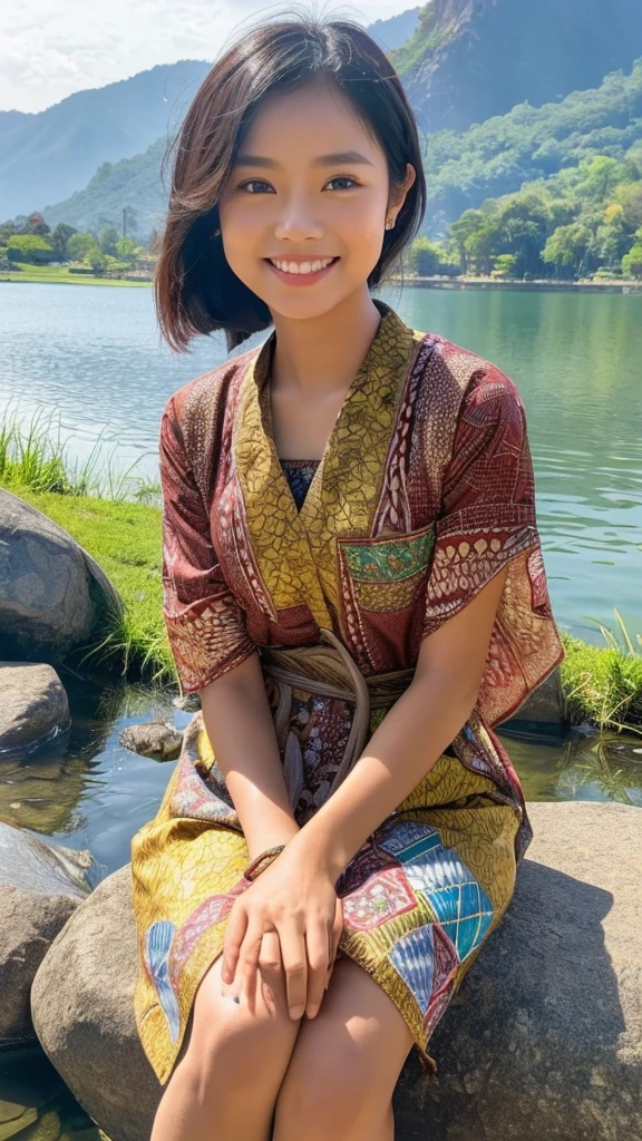 an Indonesian girl ((Kadita Mobile legend)) gracefully sitting on a rock, lake background, during the day, wearing a charming ((Batik Cloth)),((Face Detail)). Bright atmosphere and image quality ((HD)),strengthen the beauty,((Bright)) ((masterpiece))((Face to camera))