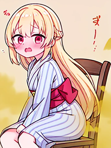 1 girl、Nodoka(Buruaca)、8K、must-have、anime、fart、blush、lots of yellow gas、Yellow gas comes out from the butt、animeチック、Gray yukata、red eyes、long hair、Gentle Pose、blonde、Hip Attack、open your mouth、feel shy、sit on a chair、Japanese style room、panic、the girl has a stomach ache