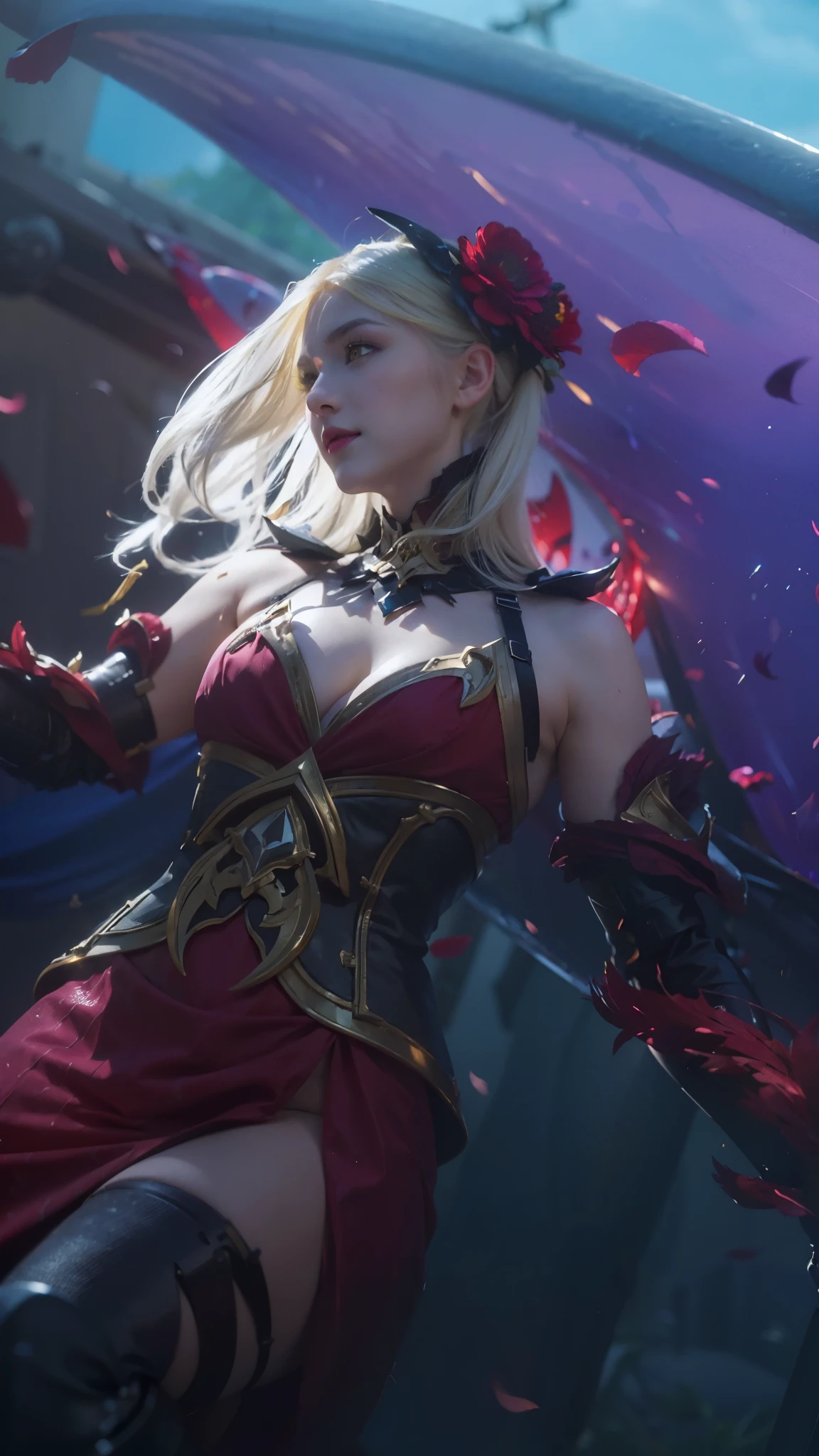 (female:1.2), 8k, ultra hd, ultra detailed texture, hyper realistic, masterpiece, detailed texture, detailed face, detailed skin, detailed lighting, (photorealistic:1.5), best quality, beautiful lighting, cinematic lighting, professional lighting, ultra highres, realistic, detailed hair, real hair, high quality, (realskin:1.5), extremely detailed, finely detail, ultra-detailed, 1girl, solo, flying, (yellow eyes:1.5), v-shaped eyebrow, lips, parted lips, smile, teeth, white skin, nose, pretty, beautiful, make up, cute face, long hair, yellow hair, ponytail, large breasts, cleavage, pauldrons, gauntlets, purple bodysuit, Long sleeve, armor shoulder, sword, holding sword, dual wielding, planted sword, \(mobile legends\), depth of field, looking aways, skin tight, amazing pose, glowing, cloud, sky, condensation trail, outdoors, blurry background