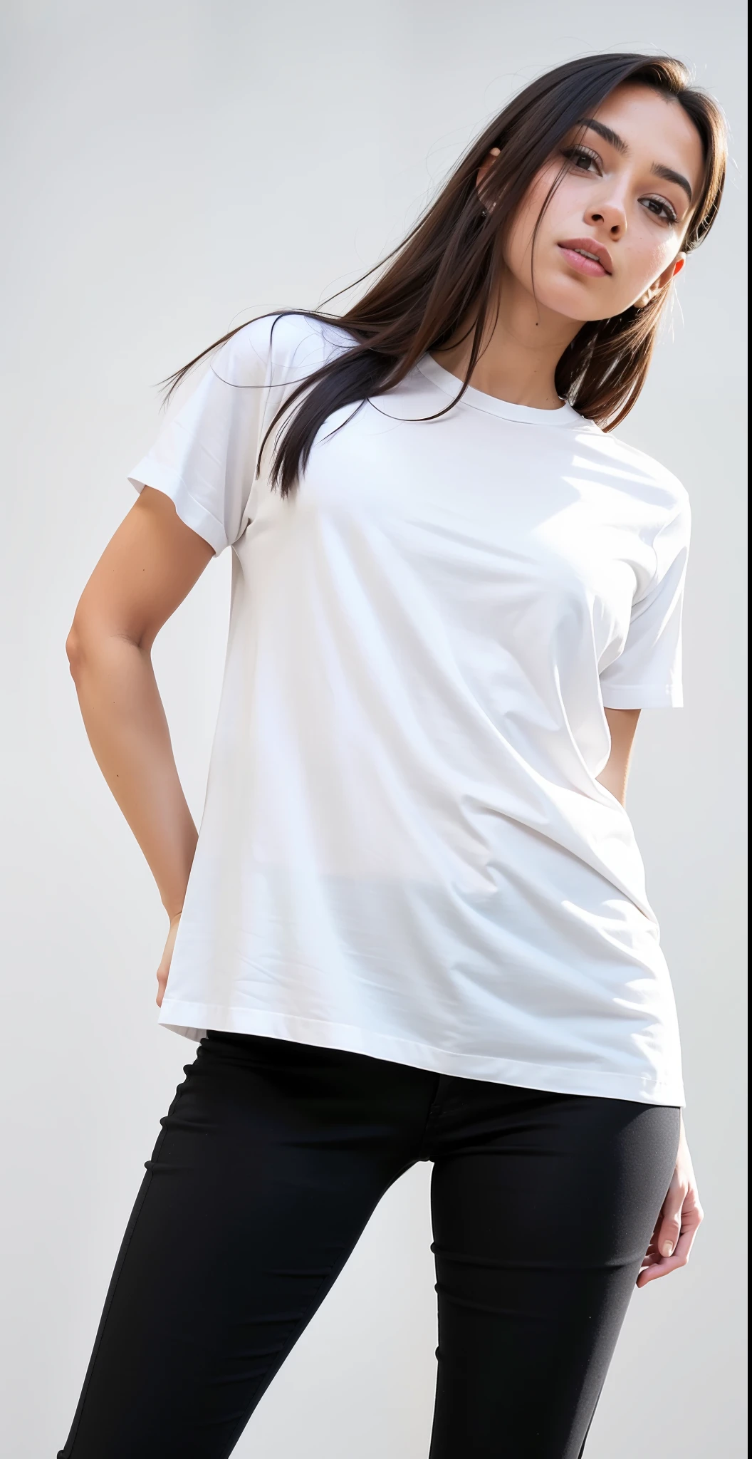 a woman in a camisa branca and black pants posing for a picture, camiseta branca, plain camiseta branca, T-shirt branca, camiseta branca, camisa branca, vestido com uma camiseta branca, roupa branca casual, dressed in a camiseta branca, fine camisa branca, Topo branco, em camiseta, roupas brancas, Roupas brancas, trendy roupas brancas