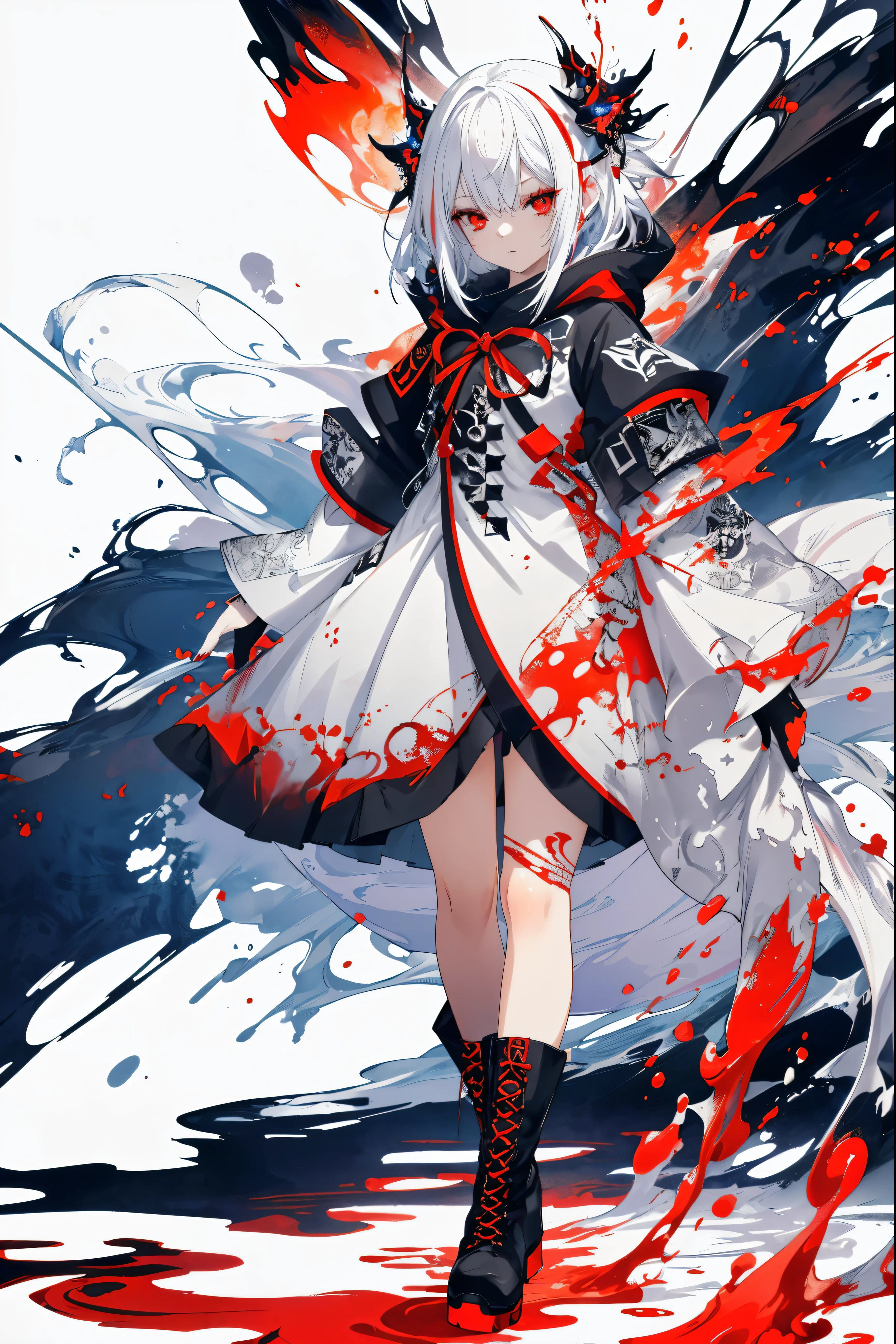 (Character design picture, on white background), concept art, full body, abstract, fractal, ink splatter, mature fox girl, white hair, (colourful hair), red eyes, glowing red eyes, wearing boots, ((colourful ink splash, liquid ink, highly detailed and intricate, award winning, highres, best aesthetic, ultra high resolution, best quality)), (epic fine character art)