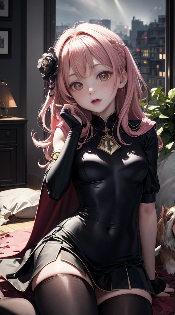(masterpiece, best quality: 1.4), (Super detailed), full color, full color, divine light, Ray tracing, Dutch Cape, look at the viewer, (doggy style: 1.5) 1 beautiful woman, alone, pink hair, (medium breasts), long hair, pink eyes, clavicle, arms cuffs, bow, White shirt, skirt, miniskirt,, (Partially undressed,: 1.2), (Black tights: 1.3), hair flower, open mouth, blush, blush nose, Tell your world \(singing voice\), (爬上sofa, lying facing down, facing down), looking at the viewer, whole body, alone focus, look, head tilt, Place your hands on your face, headrest, handrails, (medium breasts:1.3),night Living room, plant, flowers, sofa, floor-to-ceiling Windows, lamp, Windows, night, Sky, (behind: 1.5),
