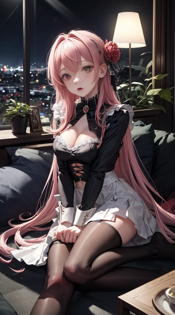 (masterpiece, best quality: 1.4), (Super detailed), full color, full color, divine light, Ray tracing, Dutch Cape, look at the viewer, (doggy style: 1.5) 1 beautiful woman, alone, pink hair, (medium breasts), long hair, pink eyes, clavicle, arms  cuffs, bow, White shirt, skirt, miniskirt,, (Partially undressed,: 1.2), (Black tights: 1.3), hair flower, open mouth, blush, blush nose, Tell your world \(singing voice\), (爬上sofa, lying facing down, facing down), looking at the viewer, whole body, alone focus, look, head tilt, Place your hands on your face, headrest, handrails, (medium breasts:1.3),night Living room, plant, flowers, sofa, floor-to-ceiling Windows, lamp, Windows, night, Sky, (behind: 1.5),
