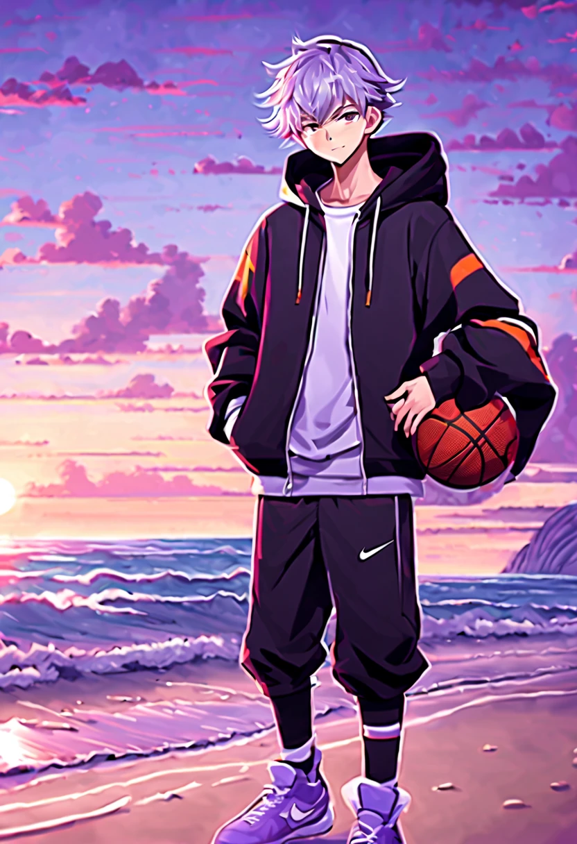 masterpiece,best quality,4k quality,full body character, Delicate face,
a boy,sports student,Handsome boy,cute,14 years old,anime characters,purple eyes,smirk,Male focus is prominent,Gray hair is messy,Upper body black Nike hoodie,Wear black leggings sweatpants,standing posture,Holding a basketball with both hands,white socks,Face clear on beach background