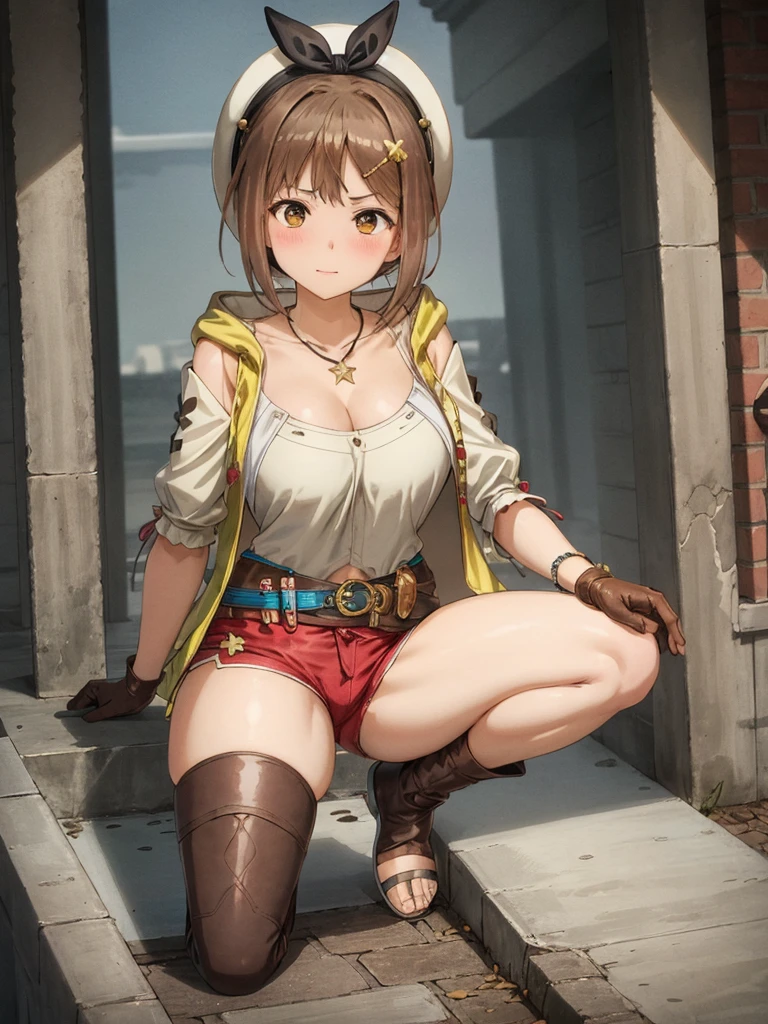 (Squat down and spread your legs:1.3), riser, 1 girl, ((blush:1.2)), alone, shorts, gloves, belt bag, head ribbon, jewelry, 赤いshorts, brown hair, thighs thighs thighs, short shorts, bridal legwear, necklace, brown eyes, single glove, hair ornaments, Barrette, star necklace, toeless footwear, leather, star (symbol), white hat, Brown gloves, Knee-high boots, short hair, thighs thighs thighs, leather Belt, brown belt, leather gloves, Jacket, blue belt, thigh boots, ノースリーブJacket, thigh pouch, white thighs, clavicle, 黄色のJacket, brown shoes, cleavage, huge breasts, outdoor, sitting