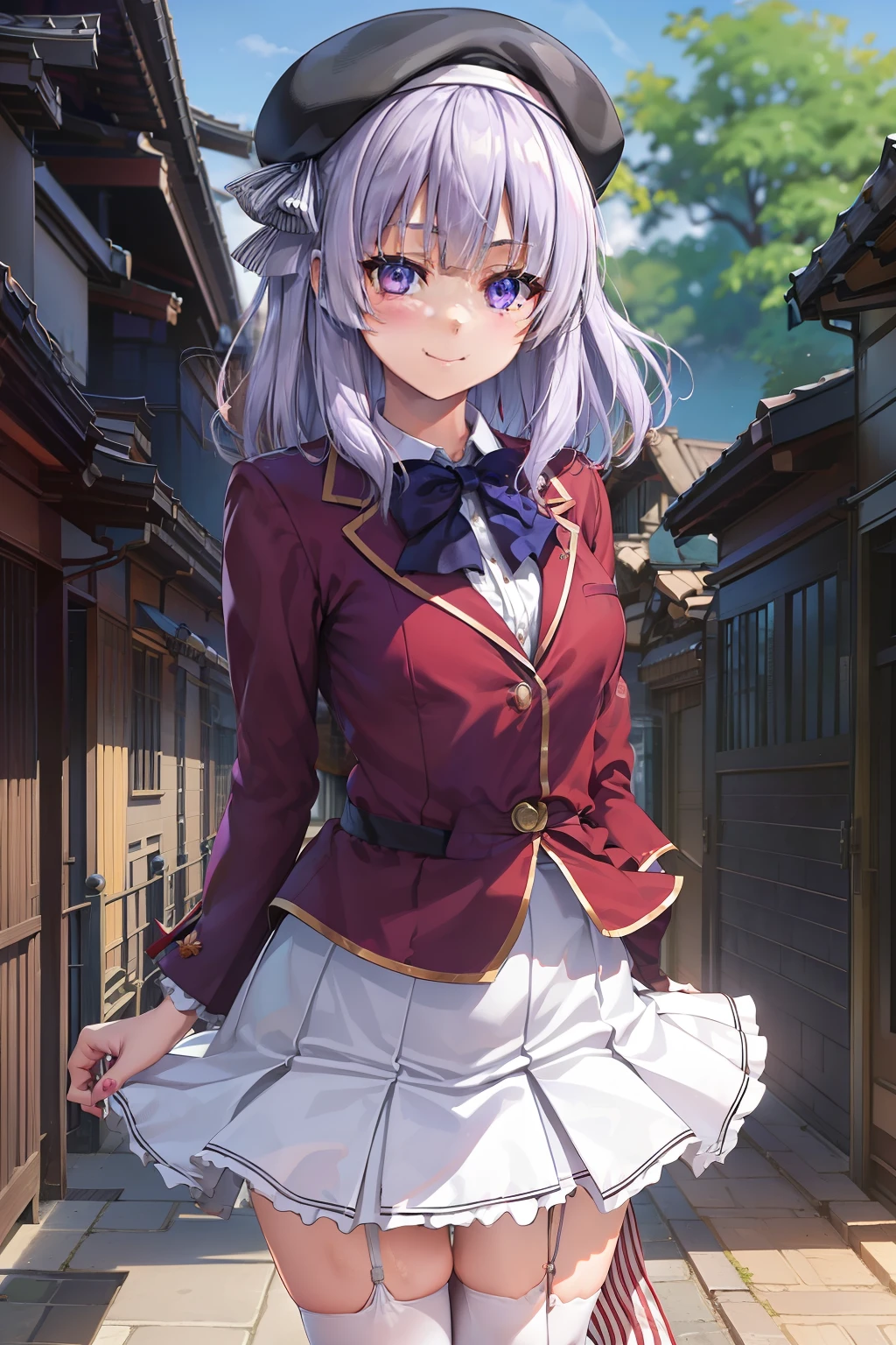 BREAK (masutepiece:1.2), Best Quality, High resolution, Unity 8k壁纸, (Beautiful detailed eyes:1.6), extra detailed face, Perfect Lighting, extremely details CG,女の子1人、独奏、Arisu、(Viewer's Perspective、cowboy  shot:1)、(Light purple hair、White hair、Medium Hair) 、Arisu has、beret、Black beret、Black hat:1.2)、(Purple eyes、shining purple eyes:1.3)、(Arisu School、student clothes、Red Blazer、a red jacket、robe blanche 、(White skirt)、pleatedskirt、Blue bow tie、White Niso、garter strap、Absolute area:1.4)、Naughty big、large full breasts、(Perfect hands, Perfect Anatomy),Look at viewers、a smile、is standing、outside of house、plein air、