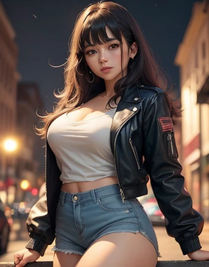 Mujer joven sexy. Vestida campera de cuero sin mangas. Falda corta. Noche en la ciudad. Una luna amarilla y grande en el cielo