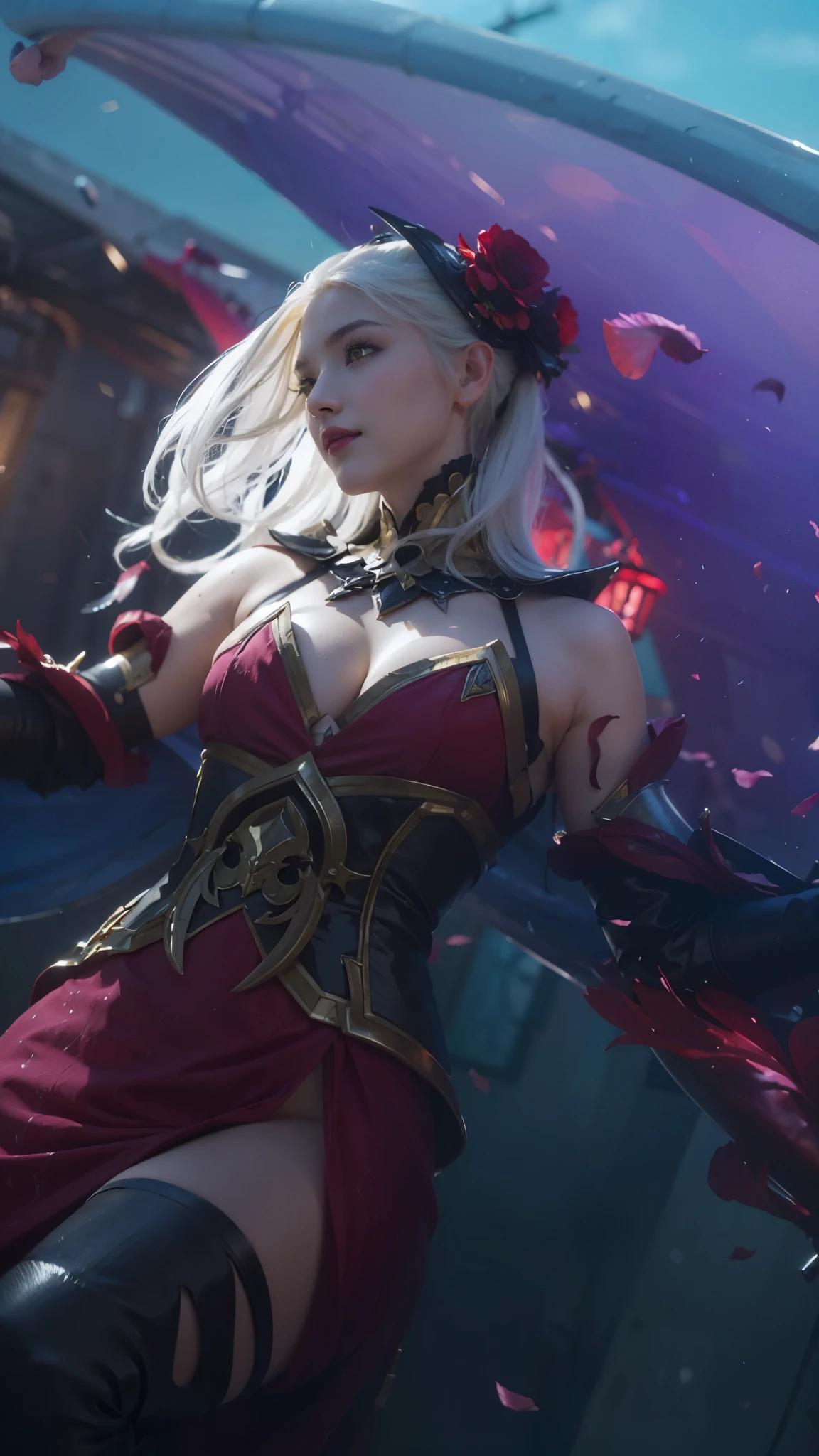 (female:1.2), 8k, ultra hd, ultra detailed texture, hyper realistic, masterpiece, detailed texture, detailed face, detailed skin, detailed lighting, (photorealistic:1.5), best quality, beautiful lighting, cinematic lighting, professional lighting, ultra highres, realistic, detailed hair, real hair, high quality, (realskin:1.5), extremely detailed, finely detail, ultra-detailed, 1girl, solo, flying, (yellow eyes:1.5), v-shaped eyebrow, lips, parted lips, smile, teeth, white skin, nose, pretty, beautiful, make up, cute face, long hair, white hair, ponytail, large breasts, cleavage, pauldrons, gauntlets, purple bodysuit, Long sleeve, armor shoulder, sword, holding sword, dual wielding, planted sword,  \(mobile legends\), depth of field, looking aways, skin tight, amazing pose, glowing, cloud, sky, condensation trail, outdoors, blurry background