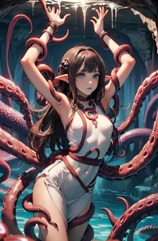 ((masterpiece)), ((best quality)), (ultra-detailed),(in the cave),(monster),(((many tentacles wrap arotnd the body))),a cute girl, 1girl, solo, (white girly dress),((many tentacles bound arms)), ((thin waist)),large breast, slim, slender,beautiful brown hair, beautiful blue eyes, (beautiful eyes), long hair,troubled expressio