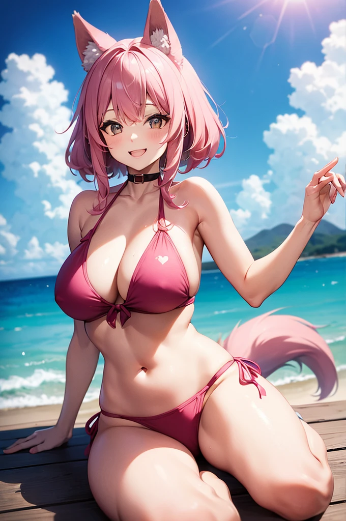 Happy woman, with wolf ears and pink hair, holding her cheeks, wolf tail, wearing a bikini, looking at veiwer, full body