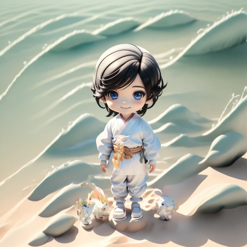 Cute boy 3d cartoon, cute chibi boy, background is pure white, 10K, Whole body, Chibi, (Masterpiece), (Top quality), (Ultra detail), (Full body 1.2), (((Boy))), 1 boy, Chibi, cute, white Japanese clothes, smile, 1 white rabbit, Japan mythology, sandy background, black hair, double hairstyle, (beautiful detailed face), (beautiful detailed eyes),