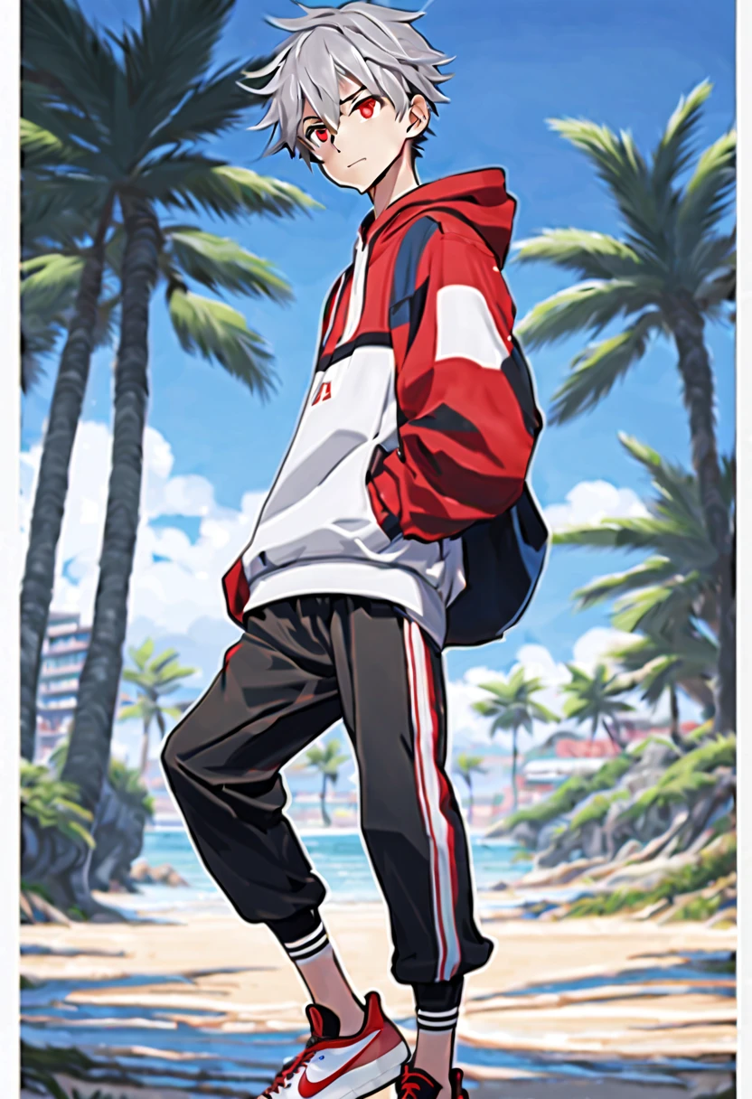 masterpiece,best quality,4k quality,unparalleled clarity,full body character, Delicate face,
a boy,sports student,Handsome boy,cute,,anime characters,red eyes,smirk,Male focus is prominent,Gray hair is messy,Upper body black Nike hoodie,wearing black leggins,Basketball shoes,standing posture,white socks,Face clear on beach background