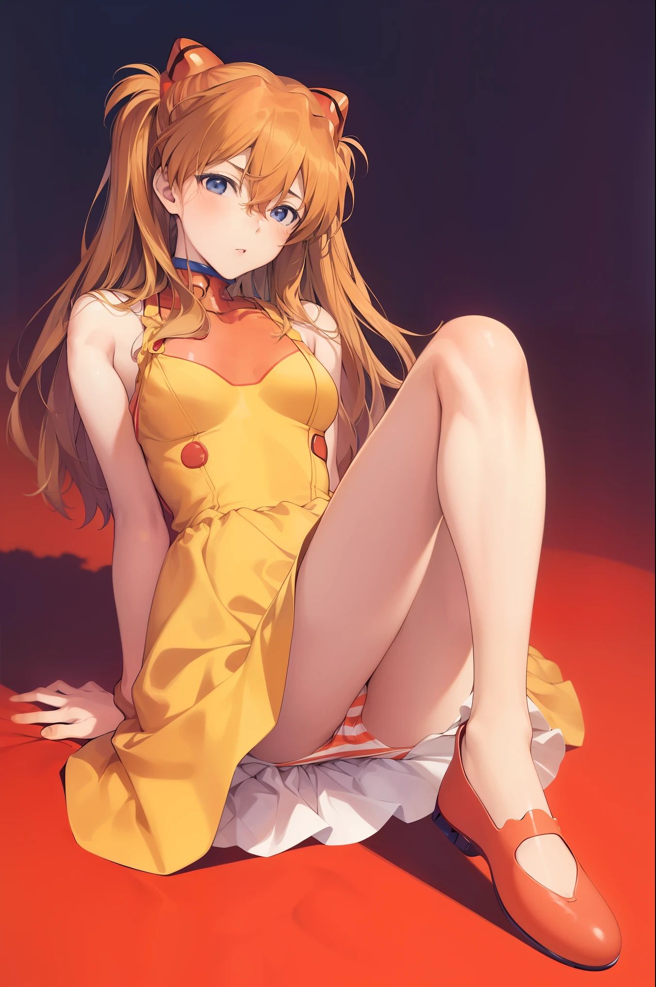 ,masterpiece,anime cg,(((Soryu Asuka Langley))),super detailed skin ,Clothing,yellow simple dress ,striped panties,upskirt 