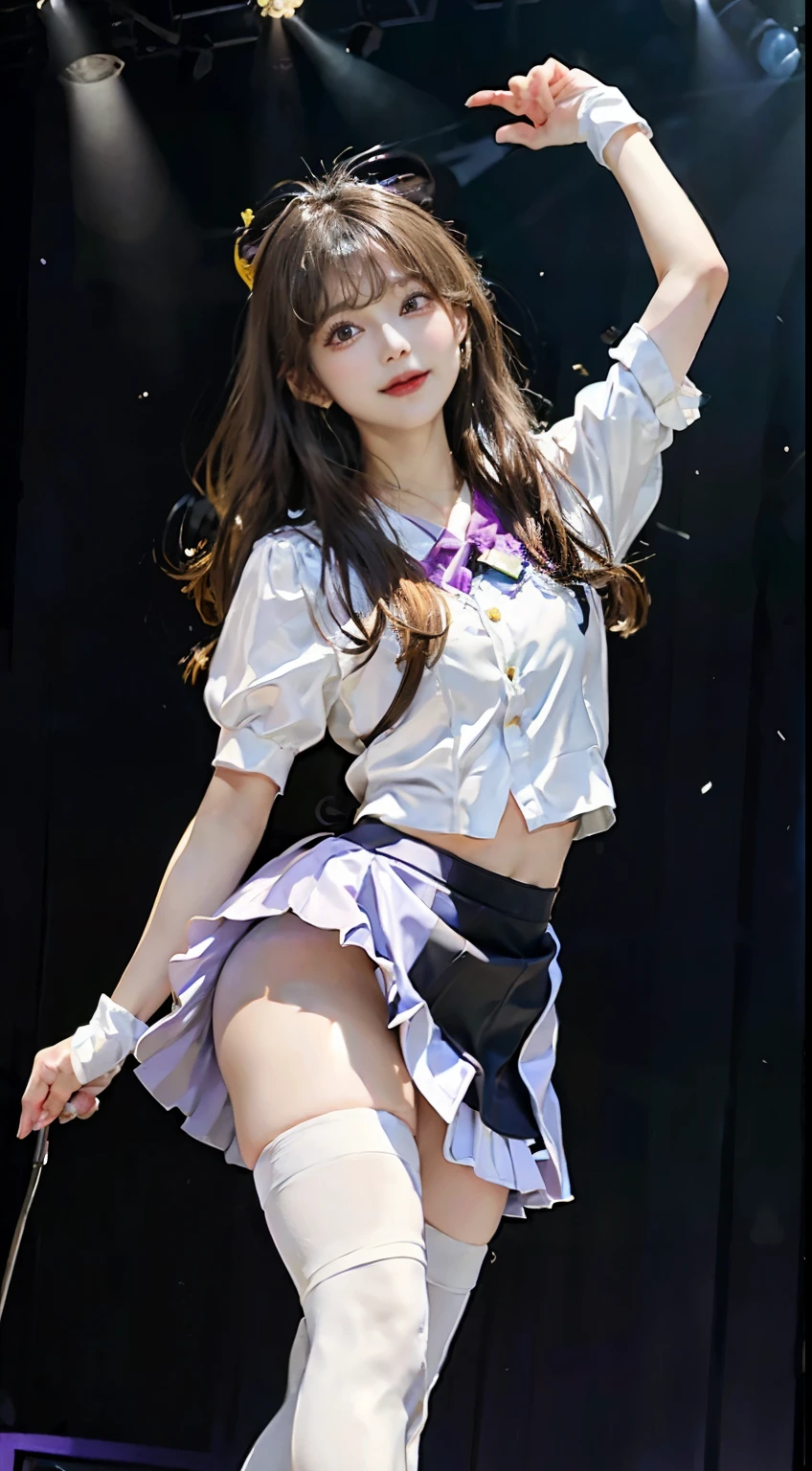 magic mix real、(Live shooting:1.2)、(photorealistic)、(Beautiful Detail Beauty Japan Idol Costume)、droopy eyes(light brown eyes smiling expression、very detailedな目と顔、(美しい詳細なdroopy eyes)、huge file size、Super detailed、High resolution、very detailed、highest quality、masterpiece、((Nogizaka46's stage costume:1.3))、very detailed、 8k wallpaper、((大きな胸の谷間が見えるNogizaka46's stage costume))、fine details、light on the face、movie lighting、20 year old girl、(Music Festival Stage Background))、((huge ))、delicate body shape、とてもsmall ass、Very thin constriction:1,3((,Close-up shot of butt lift、Open your legs wide、small ass:1.3、Small pelvis、View VIO、((Upskirt:1.3))、Shooting peeking inside the skirt、Low - Angle、Camera work looking up、((Sing and dance with a microphone:1.3))、 white panties、short skirt、