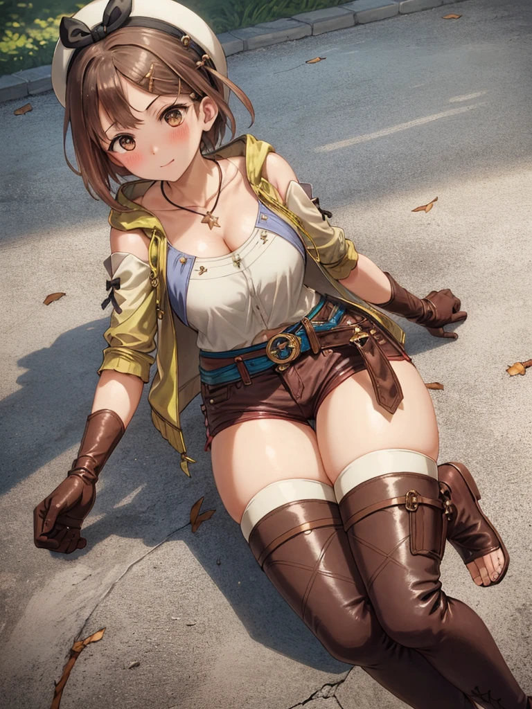 (Lie on the ground:1.3), riser, 1 girl, ((blush:1.2)), alone, shorts, gloves, belt bag, head ribbon, jewelry, 赤いshorts, brown hair, thighs thighs thighs, short shorts, bridal legwear, necklace, brown eyes, single glove, hair ornaments, Barrette, star necklace, toeless footwear, leather, star (symbol), white hat, Brown gloves, Knee-high boots, short hair, thighs thighs thighs, leather Belt, brown belt, leather gloves, Jacket, blue belt, thigh boots, ノースリーブJacket, thigh pouch, white thighs, clavicle, 黄色のJacket, brown shoes, cleavage, huge breasts, outdoor, 