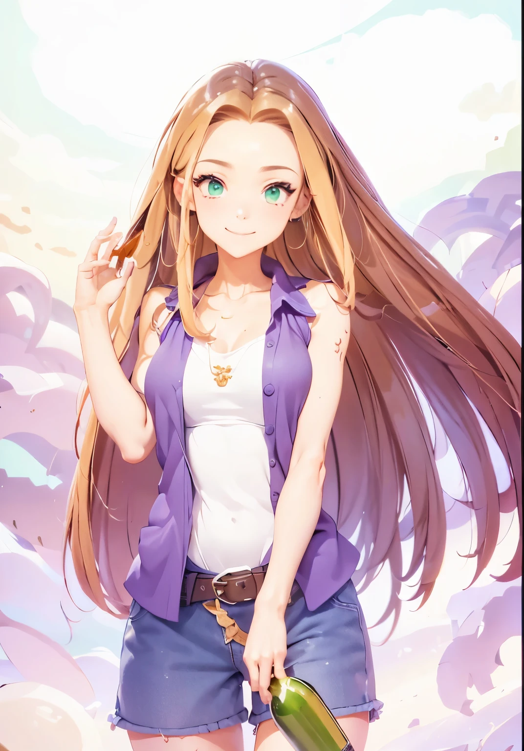 Realistic Picture of Game Character Karen, Female game Character, Harvest Moon Back to Nature, long brown hair, with little golden bangs hair, green eyes, smiling face,  wear purple sleeveless open shirt, white tank top, blue short pants, brown belt, left hand holding wine bottle, right hand waving, 3d figure character, Hyperrealistic texture, detailed skin