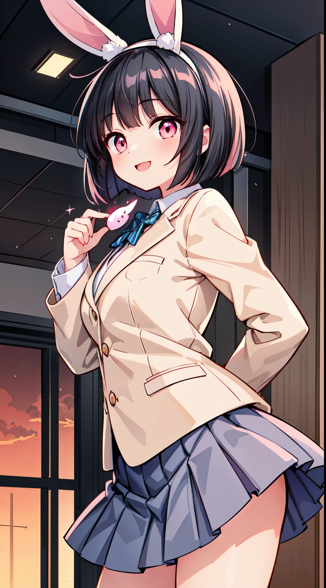 (super fine illustration:1.2),(masterpiece, 8k), (best quality, high quality:1.4), perfect anatomy, hyper detailed, ultra detailed,masterpiece background,beautiful detailed background, v8k wallpaper,perfect design,award-winning art,atmospheric,
BREAK, 1 beautiful horny girl,alone,(cute type:1.5),(Chibi:0.8),(cute type:1.5),(change:0.5),(horny girl, cute, full of energy, change face,slightly swollen chest),(black hair, messy short bob, story me, pink eyes:1.55 ),(full of energy, goofy smile, bad face:1.2),(white bunny ears headband:1.2),
BREAK, school uniform, blazer style,
classroom, sunset sky, back lighting,
late, mid,
BREAK,wakame,wakame,wakame,(cowboy shot,from front :1.5) ,
BREAK,(Blurry background:1.3),(absurderes, hight resolution, Super Detail Art),cel shading,Clear Color, Lonely optical effect, Beautiful pictures, Bright glow, mystic atmosphere,(Close-up of girl:0.7), Mystical light particle effect,manga influence, clean line drawings,