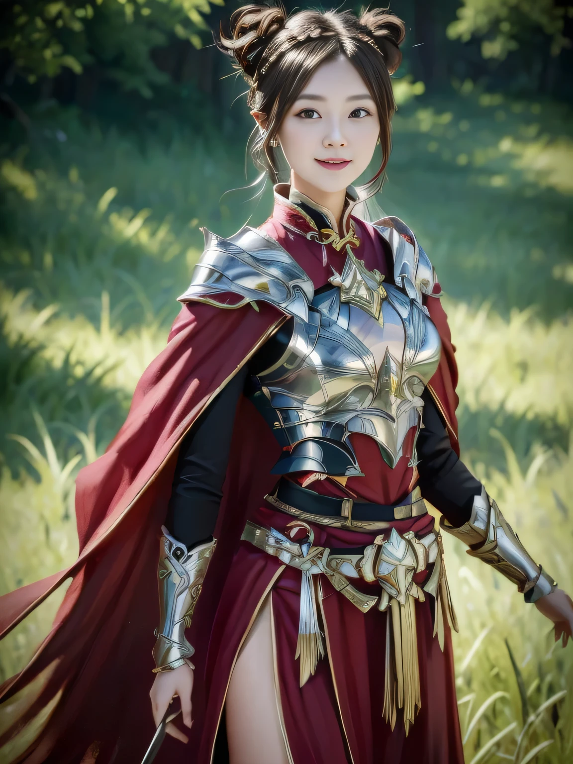 Chinese female general,,Detail the eyes,Crimson cape, metal pauldron,Metal armor,Breasts are full and erect,Gold hairband,majestic,Smile(open mouth)(The corners of the mouth are raised),、(Hair in a bun:1.5),(Hair bun raised high)。wilderness background(grassland background)