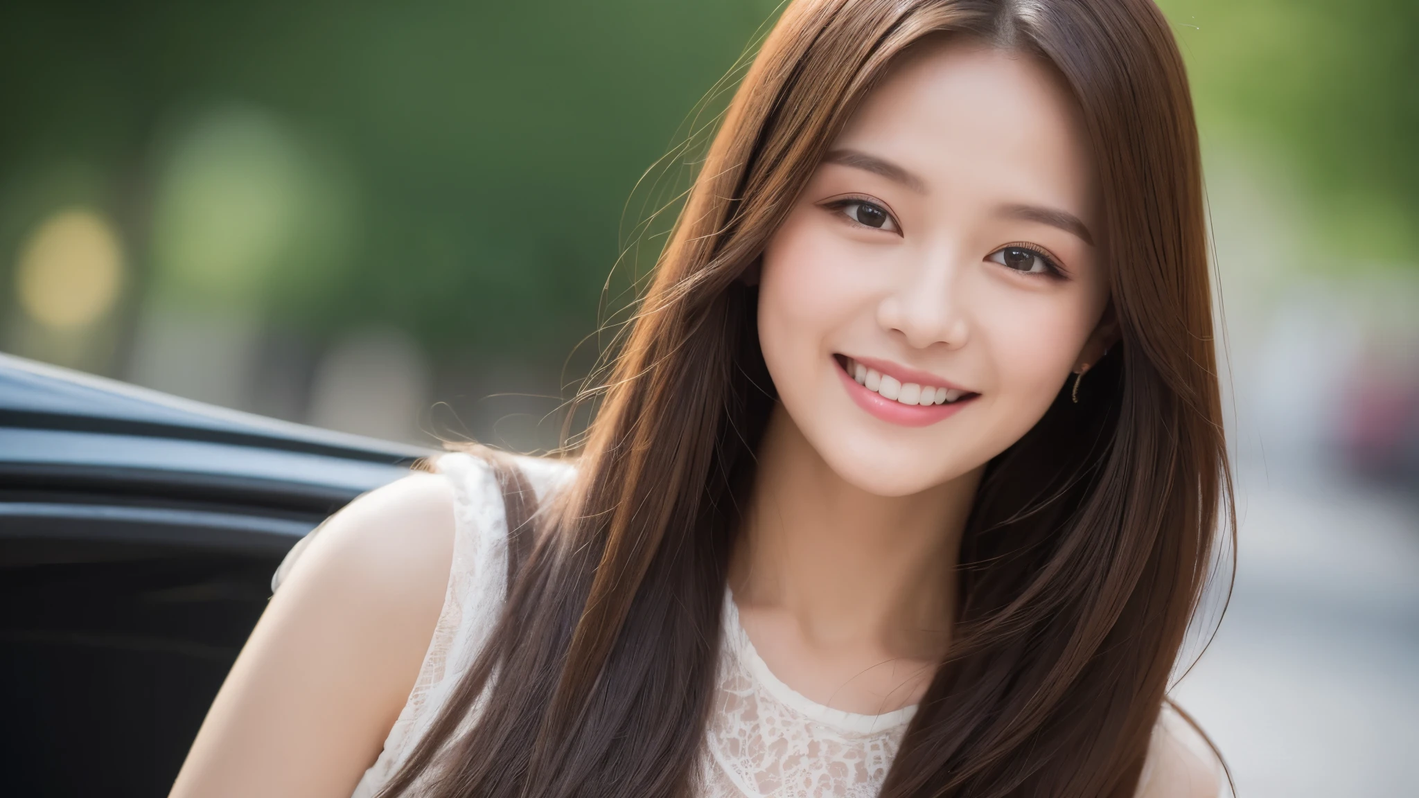 ((Best quality, 8k, Masterpiece :1.3)), a girl, smiling, full body until legs, slim face, Pretty woman, (Dark brown hair), full length dress :1.1, Ultra-detailed face, Detailed eyes, Double eyelid, blur background, city, outside, street,
