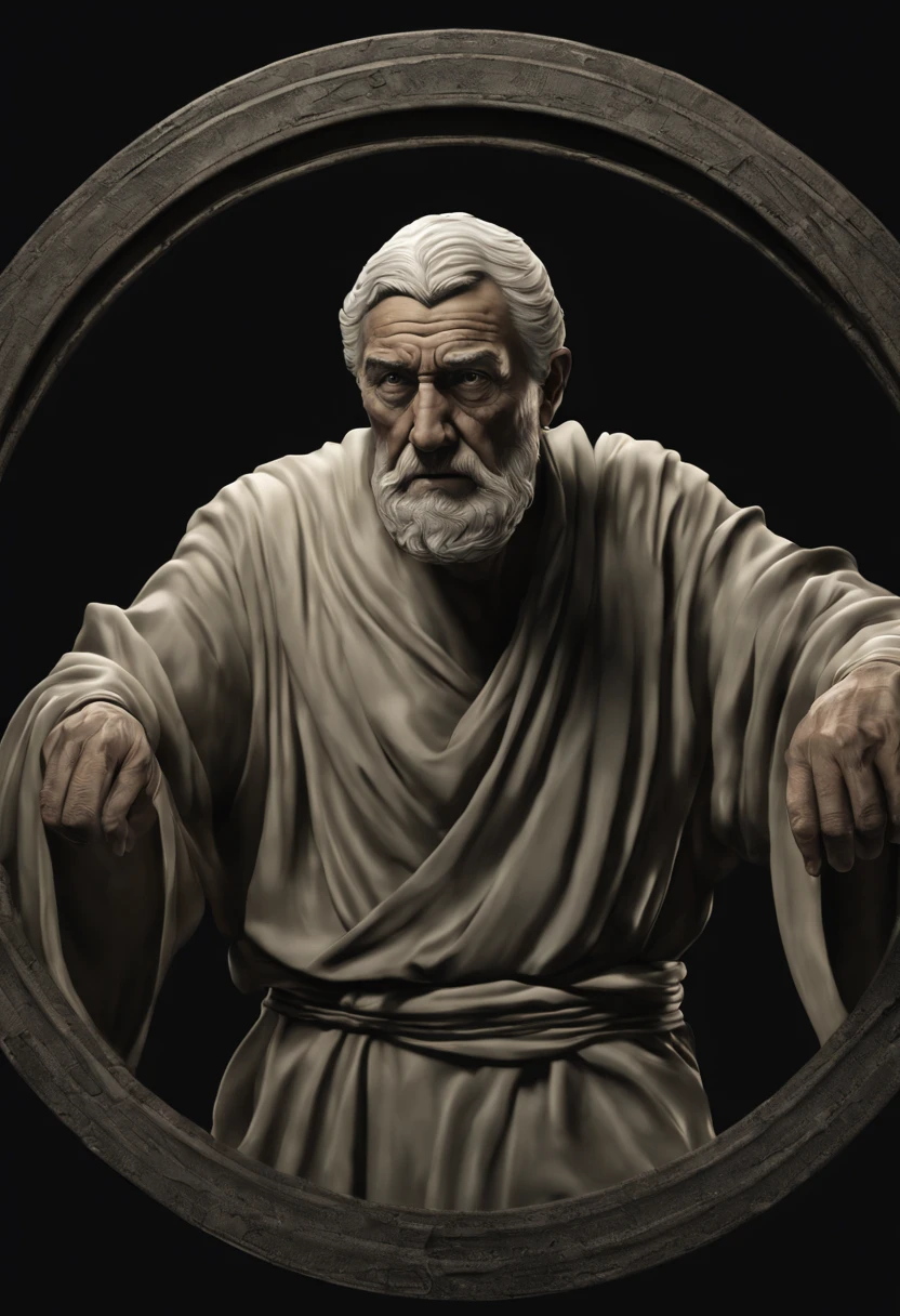 "(best quality,photorealistic),a black background circle,Seneca the stoic philosopher inside the circle,Seneca trying to escape the circle with an angry expression,holding onto the edge of the circle with both hands to jump out" imagem do peito pra cima , 3d