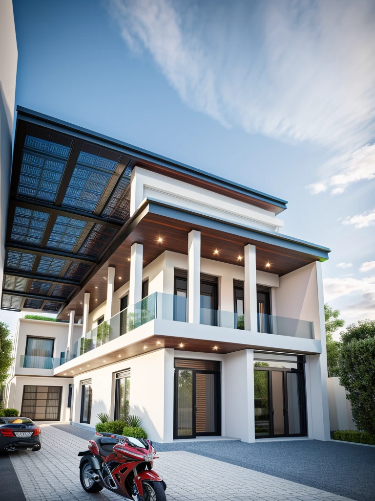 Modern townhouse, combining neoclassical style, street, car running in front of the house, (LoGo:1.5 not appearing), Modern Style, Extremely detailed image, masterpiece, surreal, rendered by vray 2023, 8k rendering, White walls, aluminum glass doors and windows, large yard covered with ceramic tiles, Natural light, cloudy, daytime a few clusters of beautiful small flower pots 8K