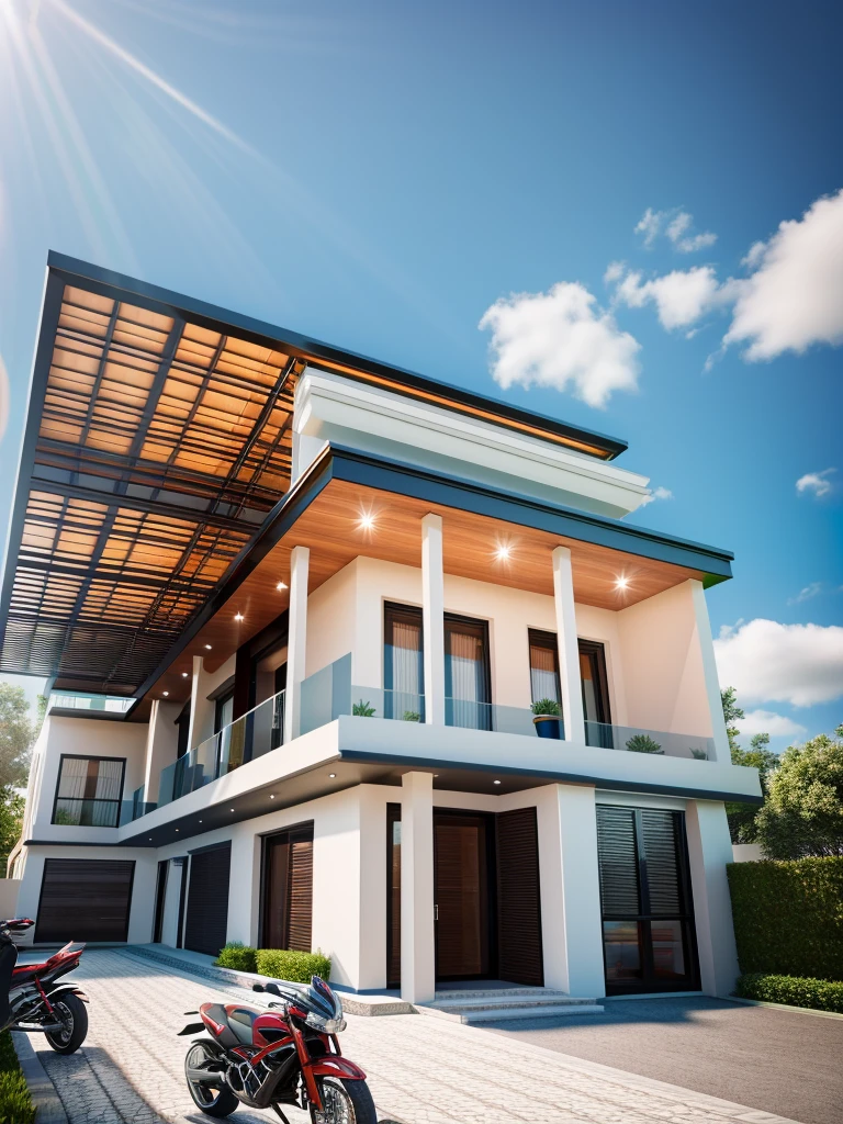 Modern townhouse, combining neoclassical style, street, car running in front of the house, (LoGo:1.5 not appearing), Modern Style, Extremely detailed image, masterpiece, surreal, rendered by vray 2023, 8k rendering, White walls, aluminum glass doors and windows, large yard covered with ceramic tiles, Natural light, cloudy, daytime a few clusters of beautiful small flower pots 8K