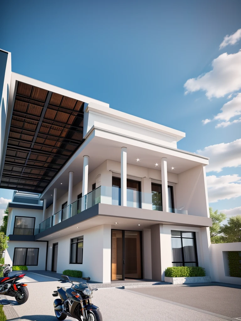 Modern townhouse, combining neoclassical style, street, car running in front of the house, (LoGo:1.5 not appearing), Modern Style, Extremely detailed image, masterpiece, surreal, rendered by vray 2023, 8k rendering, White walls, aluminum glass doors and windows, large yard covered with ceramic tiles, Natural light, cloudy, daytime a few clusters of beautiful small flower pots 8K