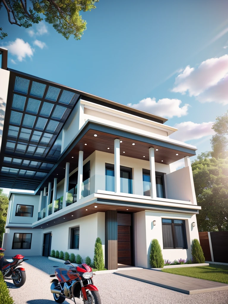 Modern townhouse, combining neoclassical style, street, car running in front of the house, (LoGo:1.5 not appearing), Modern Style, Extremely detailed image, masterpiece, surreal, rendered by vray 2023, 8k rendering, White walls, aluminum glass doors and windows, large yard covered with ceramic tiles, Natural light, cloudy, daytime a few clusters of beautiful small flower pots 8K