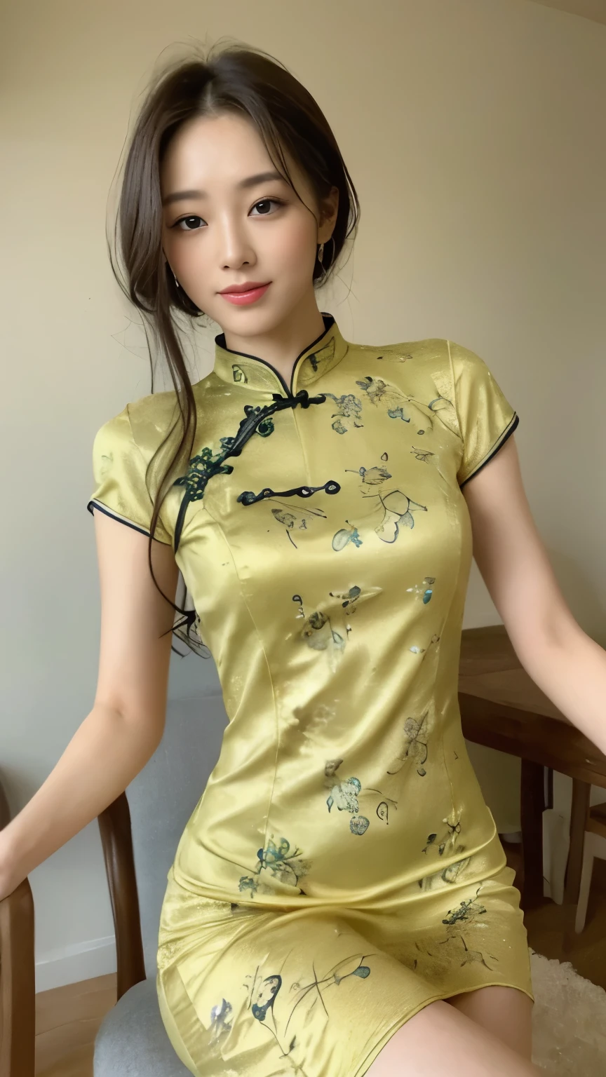 ((top-quality、8k、masterpiece:1.3))、Beautiful woman with perfect body:1.4、slim abdomen:1.2、Longhair, normal breast, Highly detailed facial and skin texture, A detailed eye, (smile), (full body shot), ((studio)), (sitting on chair), (((wearing yellow cheongsam), looking in front, (plain grey background)