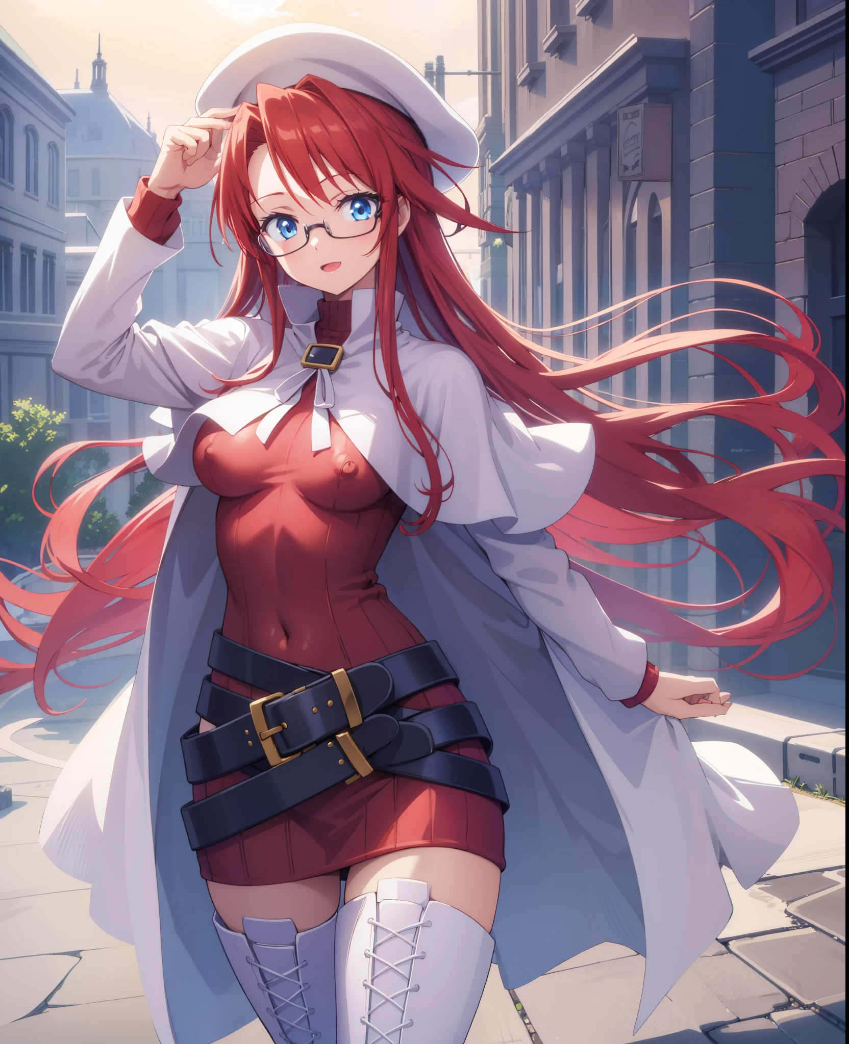 summonnightaty, aty, long hair, blue eyes, red hair, beret, hat, glasses,
BREAK long hair, thighhighs, hat, dress, boots, glasses, belt, cape, sweater, zettai ryouiki, beret, thigh boots, white footwear, ribbed sweater, loose belt,solo,
BREAK outdoors, fantasy_town,
BREAK (masterpiece:1.2), best quality, high resolution, unity 8k wallpaper, (illustration:0.8), (beautiful detailed eyes:1.6), extremely detailed face, perfect lighting, extremely detailed CG, (perfect hands, perfect anatomy),(covered_nipples:1.3),covered_navel,light_smile,dynamic_posing ,walking,(half_eyes:1.2),light_open_mouth,sword,armpit,sleepy,