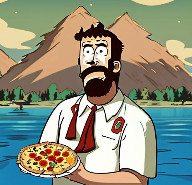 Carl Brutananadilewdki from Aqua Teen Hunger Force eating Nachos Pizza on Lake, Aqua Teen Hunger Force Style 