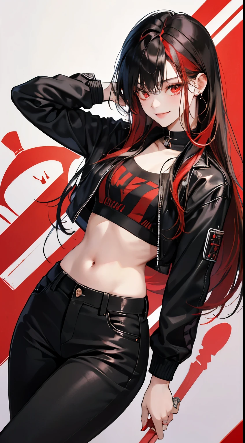 1girl,bare_shoulders,barefoot,black_shirt,chain,clothes_writing,collar,earth_(ornament),earth_(planet),floating,gold_chain,long_hair,moon_(ornament),multicolored_clothes,multicolored_skirt,off-shoulder_shirt,off_shoulder,plaid,plaid_skirt,planet,polos_crown,red_eyes,red_hair,shirt,skirt,smile,solo,style_parody,t-shirt,transparent_background,hecatia_lapislazuli
