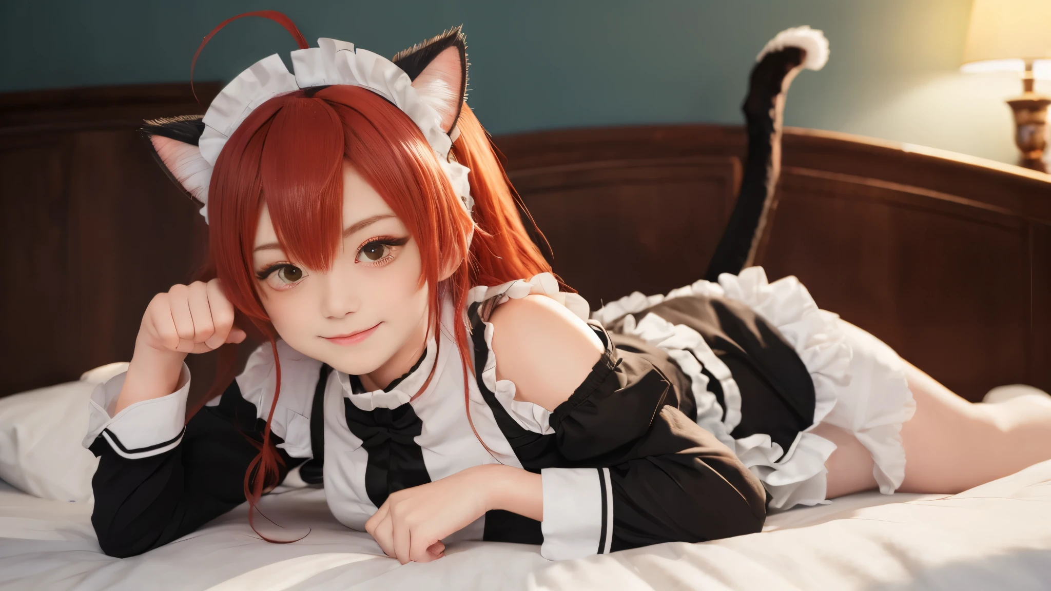 highest quality, 8K, Super detailed, realistic, masterpiece, highest quality, 8K, 超High resolution, highest quality, anime style, best writing, beautiful face, Eris Greyrat, (1 girl:1.3), alone, Ahoge, bangs, bare shoulders, open your mouth, Cat ear, (Maid clothes:1.3), (maid costume:1.3), hair between eyes, long hair, long sleeve, looking at the viewer, red eyes, redhead, shoulder cutout, ruffle skirt, alone, High resolution, harm, mushoku tensei, (foot pose:1.3), cat tail, smile, (lie down on the bed:1.3), 