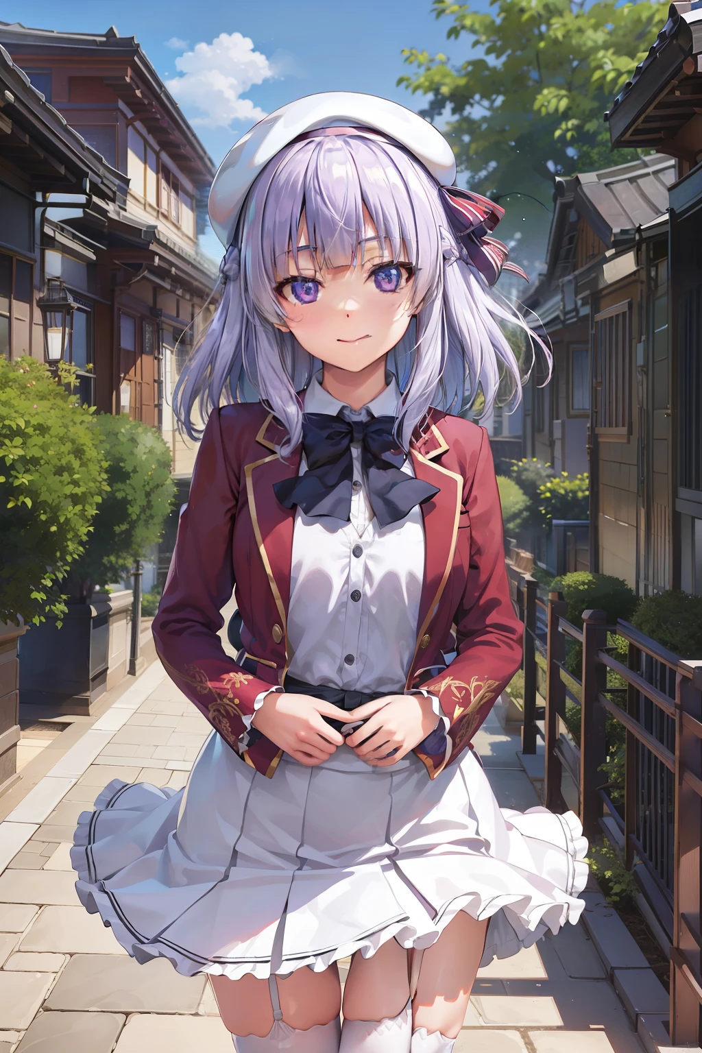 BREAK (masutepiece:1.2), Best Quality, High resolution, Unity 8k壁纸, (Beautiful detailed eyes:1.6), extra detailed face, Perfect Lighting, extremely details CG,1人、独奏、Arisu、(Viewer's Perspective、cowboy shot:1)、(Light purple hair、White hair、Medium Hair) 、Arisu has、beret、Black beret、Black hat:1.2)、(Purple eyes、shining purple eyes:1.3)、(Arisu School、student clothes、Red Blazer、a red jacket、robe blanche 、(White skirt)、pleatedskirt、Blue bow tie、White Niso、garter strap、Absolute area:1.4)、Naughty big、large full breasts、(Perfect hands, Perfect Anatomy),Look at viewers、a smile、is standing、outside of house、plein air、