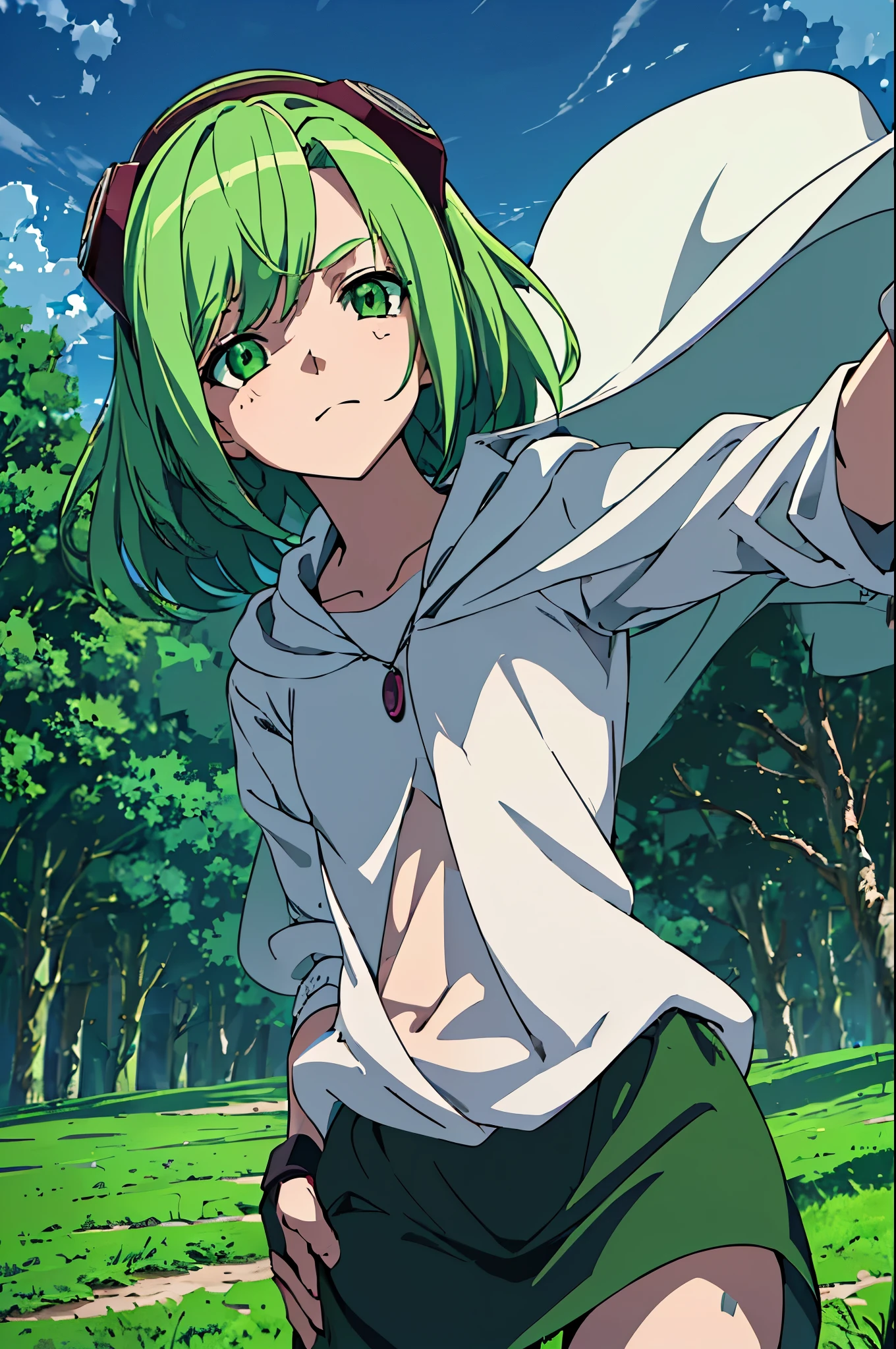 masterpiece, best quality, ((1girl)), (colorful), (finely detailed beautiful eyes and detailed face),cinematic lighting,body shot,extremely detailed CG unity 8k wallpaper, sky, cloudy_sky, building, moonlight, moon, night, (dark theme:1.3), light, fantasy, ((green Eyes)) (((green Hair))) ((Mischievous)) ((1girl)) ((Tomboy))