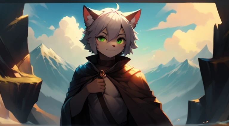 (bright environment:0.8),masterpiece,high quality,abstract research,number\(a work of art\), by dagashi, Yes,Kiyoyama,(Humanity,fluffy fur,Character focus:1.1),Humanity male cat,short hair,portrait , Eyes are bright, panoramic, Character focus.(mountainside,blue sky:0.7), (alone:1.2), hairy, hairy的男孩,cute face, (Large silver cloak:1.2),Look at the screen,(全身hairy的, hairy的尾巴, black fur,A pair of ears,The character is on the right, Dark blue earbuds ,green eyes, white hair:1.2), (Cats：1.2）,Stand on the top of a snow-capped mountain,