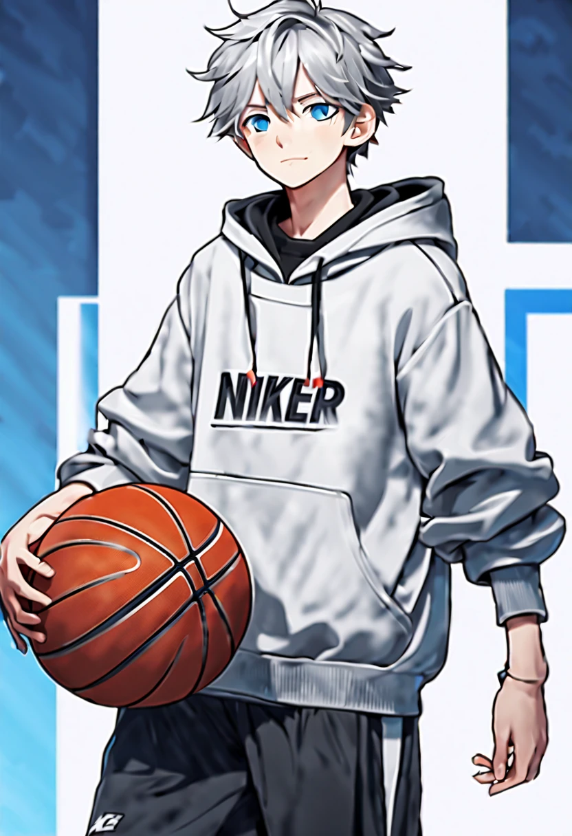 masterpiece,best quality,4k quality,unparalleled clarity,full body character,whole body, Delicate face,
a boy,sports student,Handsome boy,cute,,anime characters,blue eyes,smirk,Male focus is prominent,Gray hair is messy,Upper body black Nike hoodie,Wear black,White basketball shoes,standing posture,white socks,Basketball stand background with clear face