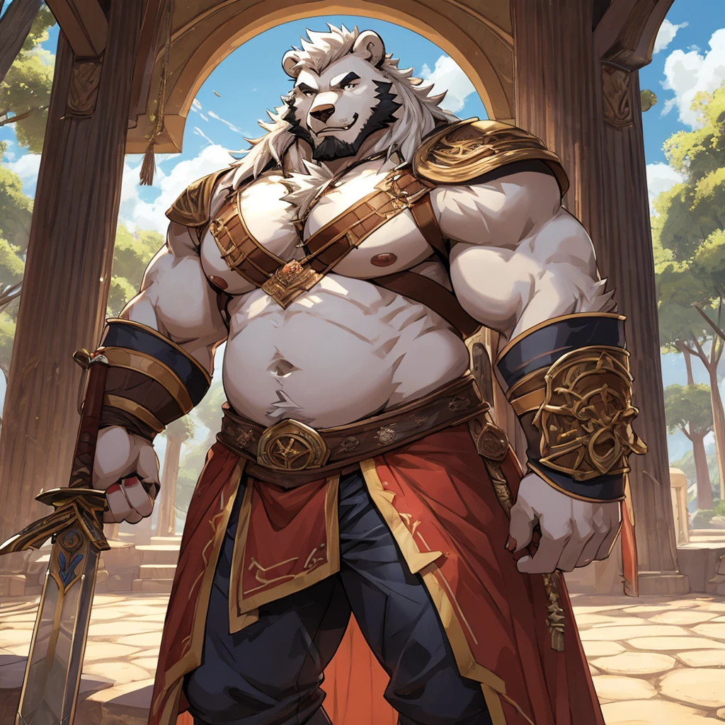 Aix:detailed sword,Detailed hands,Detailed hands指,Strong chubby furry male white wolf bear swordsman,Detailed RPG background,white hair,Blackbeard,huge and powerful arms,Huge and strong chest muscles,huge and powerful belly,Smile,super detailed,intricate details,Sunlight,Gladiatorial arena background