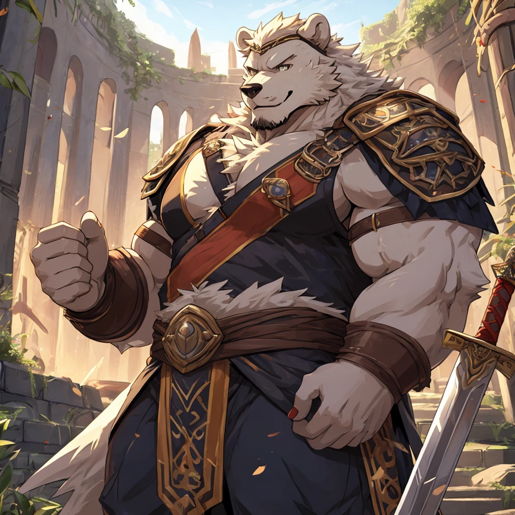 Aix:detailed sword,Detailed hands,Detailed hands指,Strong chubby furry male white wolf bear swordsman,Detailed RPG background,white hair,Blackbeard,huge and powerful arms,Huge and strong chest muscles,huge and powerful belly,Smile,super detailed,intricate details,Sunlight,Gladiatorial arena background