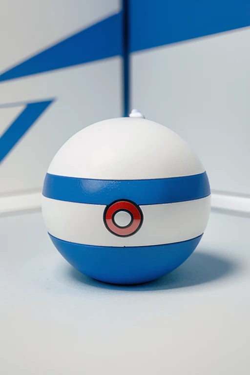 pokeball with white bottom and blue top with a logo directly below the pokeball