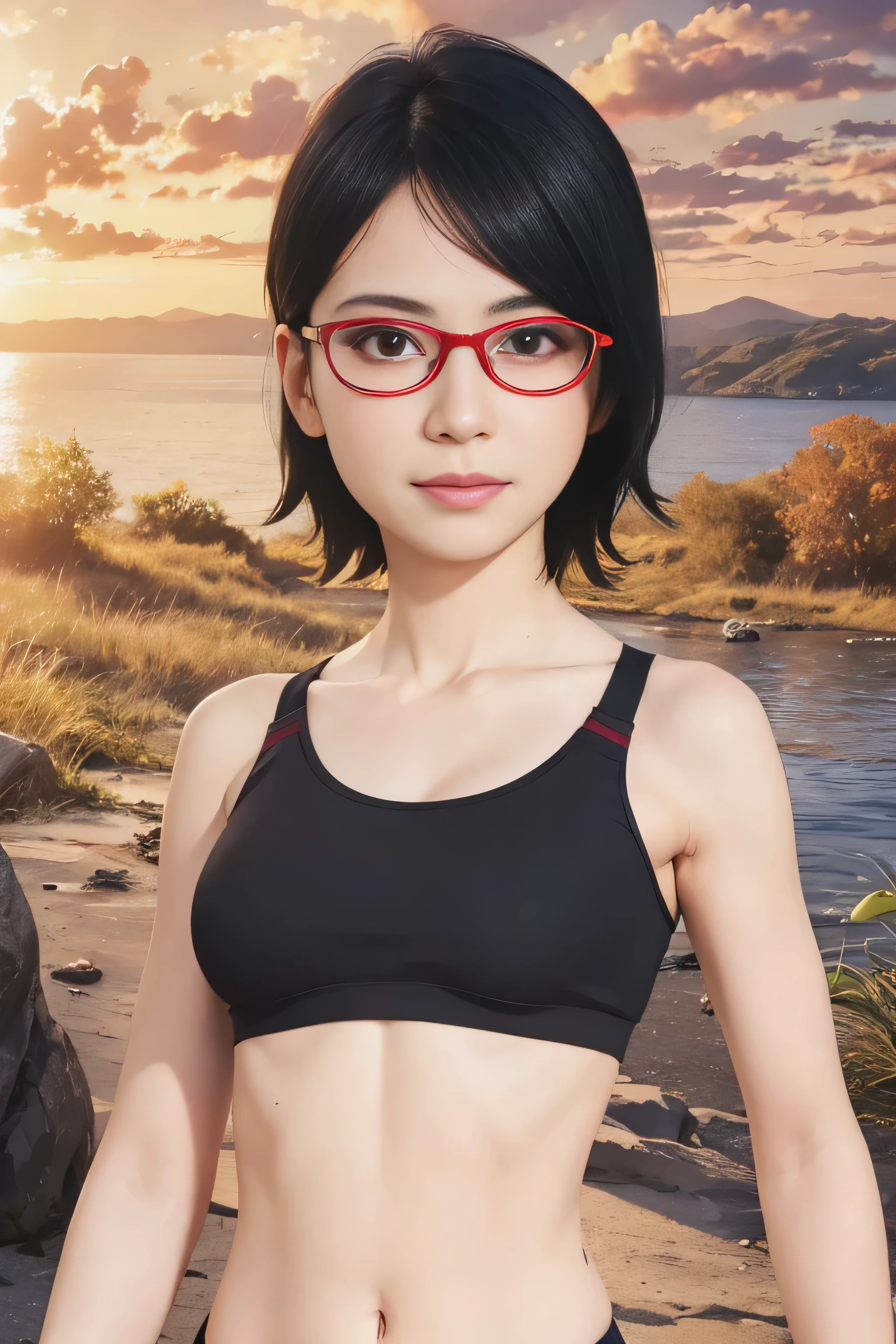 masterpiece, best quality, (realistic,photo-realistic:1.4),(RAW photo:1.2), extremely detailed CG unity 8k wallpaper, delicate and beautiful, amazing,finely detail, official art, absurdres, incredibly absurdres, huge filesize, ultra-detailed,extremely detailed eyes and face,light on face,little smile,sarada,(black hair:1.4),short hair,(wearing red framed glasses:1.4),outdoor,lake,sunrise(wearing sports bra:1.4),(muscular body:1.4)