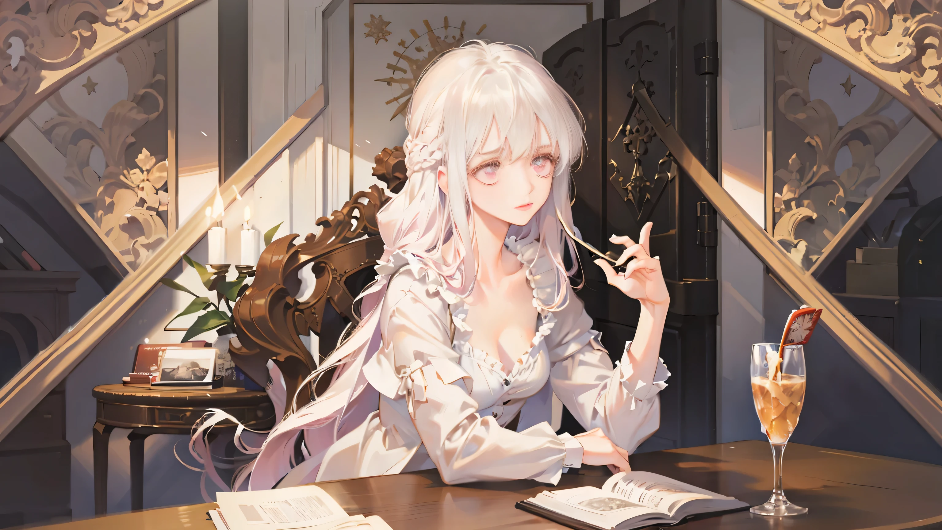 best quality, masterpiece, 1 girl, alone, extremely delicate and beautiful girl, Very detailed, Beautiful and delicate eyes, extremely delicate and beautiful, student, white hair, long hair, pink eyes, medium breasts, Brown cardigan , black stockings, Chair