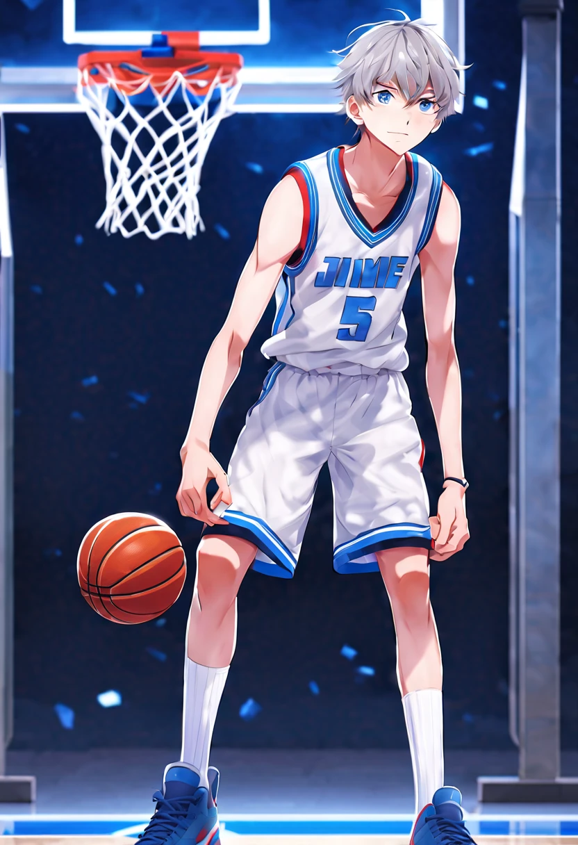masterpiece,best quality,4k quality,unparalleled clarity,full body character, Delicate face,
a boy,sports student,Handsome boy,cute,15 years old,anime characters,blue eyes,smirk,Male focus is prominent,Gray hair is messy,Dress coolly,White basketball shoes,standing posture,white socks,Basketball stand background with clear face