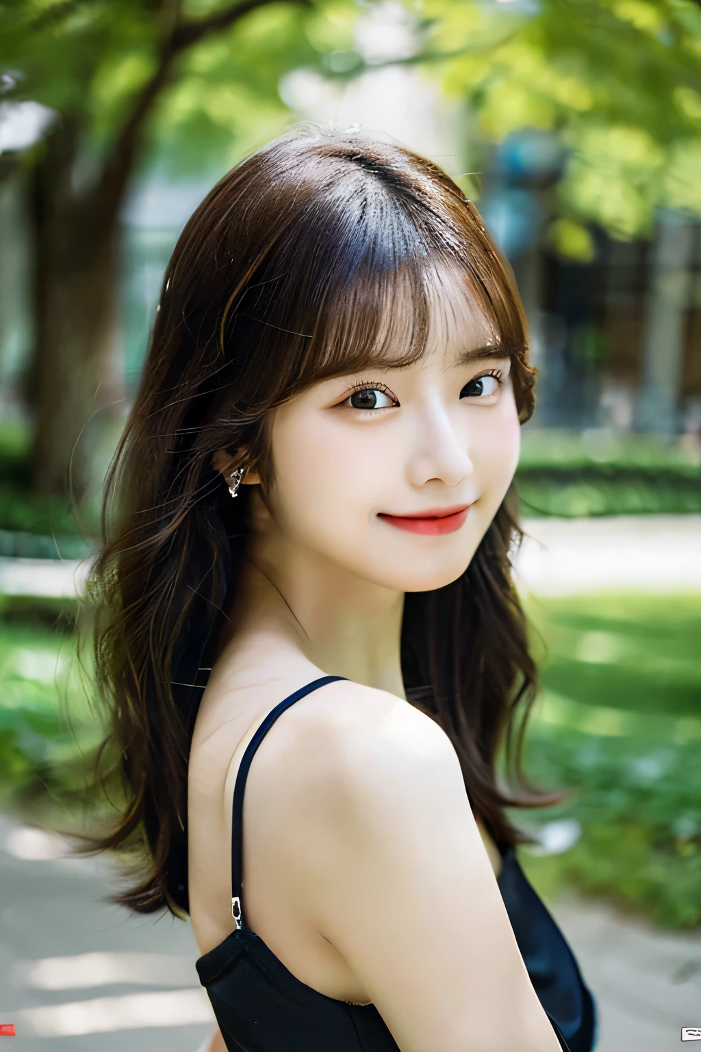 ((Top Quality, 16k, Photorealistic, Raw Photo, Masterpiece: 1.4)), Sharp Focus: 1.3, Perfect Body Shape Girl: 1.3, Highly Detailed Face and Shiny Skin Texture:1.2, Detailed Eyes, Double Eyelids, BREAK From front:1.3, Extreme Close Up:1.3, , Looking at Viewer, Photo of a beautiful and sexy Korean idol Woman in a Bra Top , with detailed Round eyes and a Shy Smile, sitting at Park. BREAK  She's wearing no shoes and stylish accessories. BREAK Black Shiny Long Hair in a Forehead.  BREAK  Sunlight, Cinematic Light, Moderate breasts.
