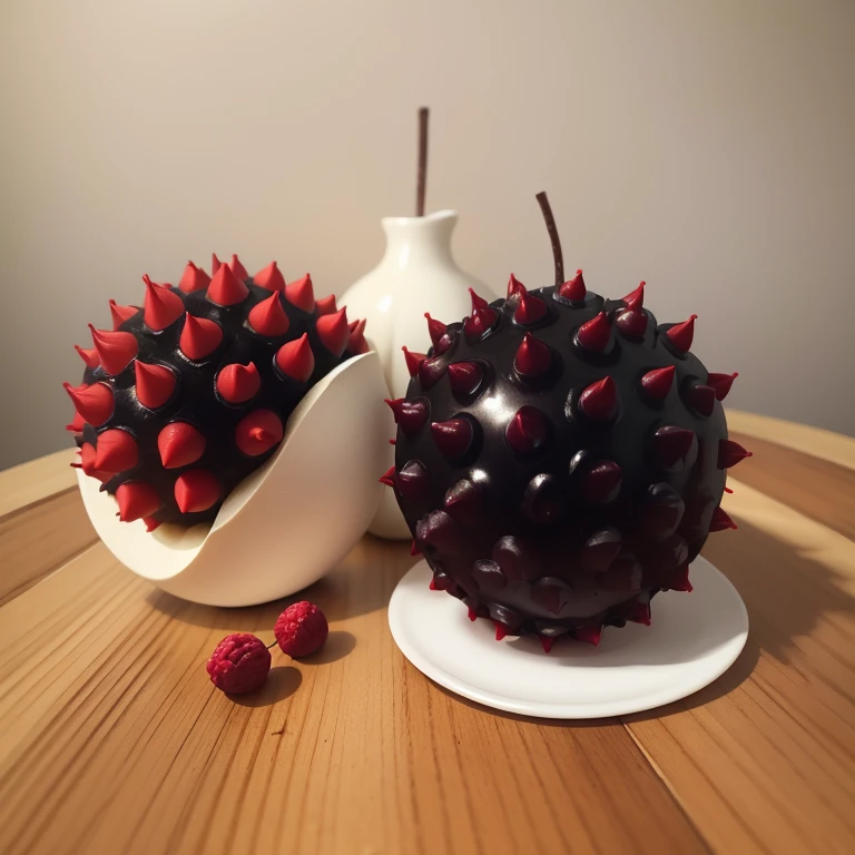 Black fruit vidi ball with red spines, curled ends and white stem