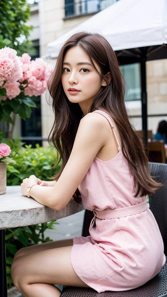 dark brown hair、light brown eyes、Japanese actress face、 lady、looks like him;I'Iは40歳くらいです、(intricate details:1.2)、(which one is the top?:1.4)、 (ultra high resolution:1.2)、ultra high resolution、(finely tuned)、(detailed facial features)、nffsw、8K resolution、D cup size breasts、long hair、Paris、Parisのカフェ、Pink flowers are blooming at the entrance of the cafe..、Cafe entrance surrounded by flowers、sitting on a chair on the terrace of a cafe、lean against the back of the chair、beautiful feet、full body photo、head to toe shot、